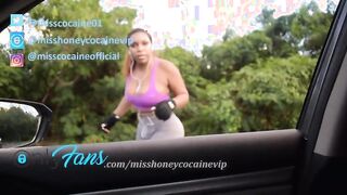 Big Ass Brunette Stops Her Run and Cums in stranger's Car - Driver Records Her Creamy Pussy closely